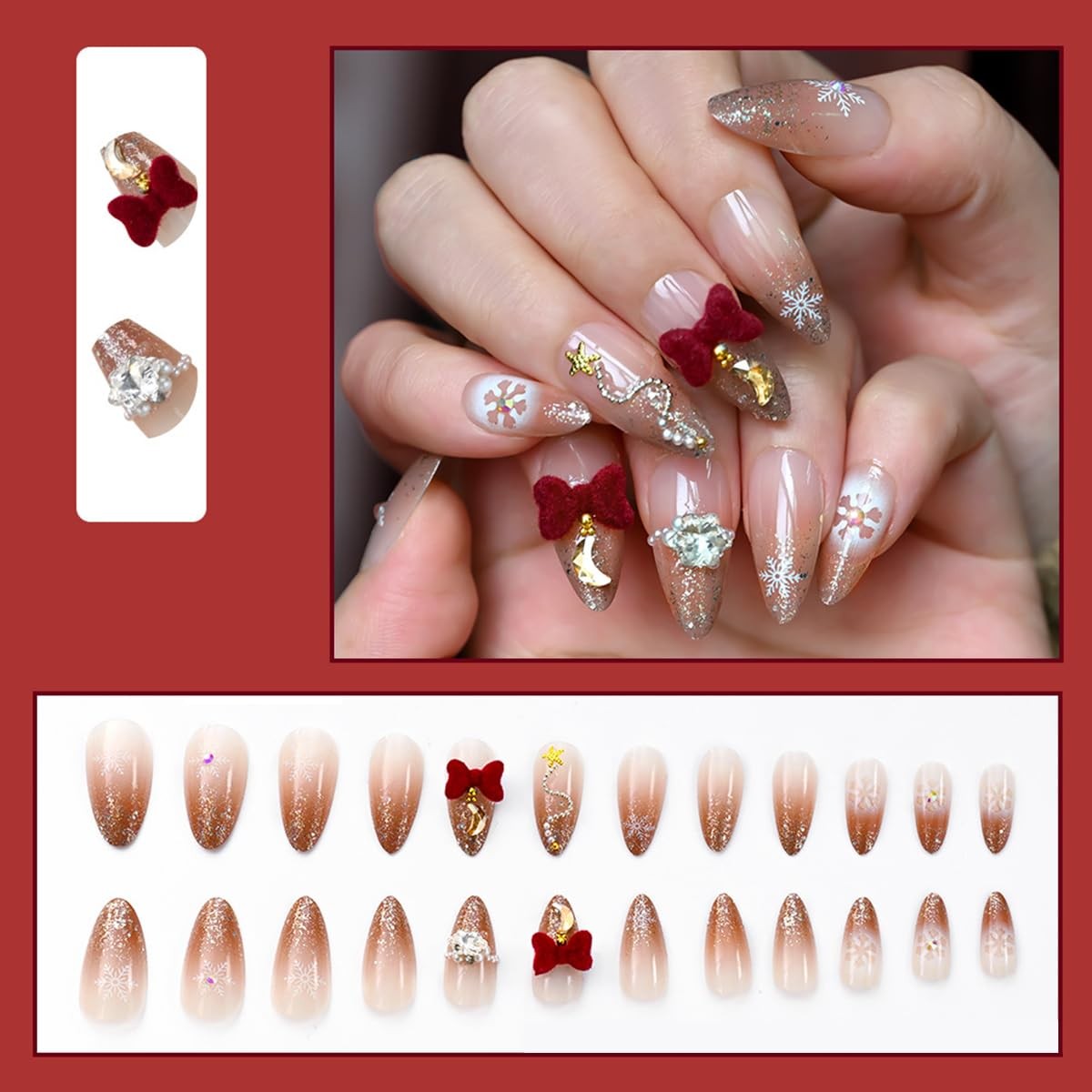 24Pcs Christmas Press on Nails Short Almond Brown Ombre Fake Nails with 3D Bo…