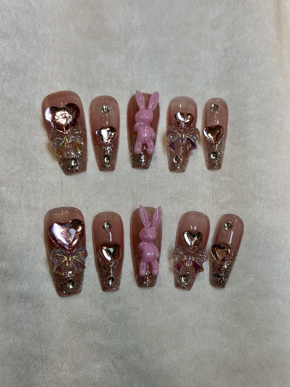 “Lucky Pink Rabbit” Beautiful Press On Nails – Handmade – Medium RRP $35