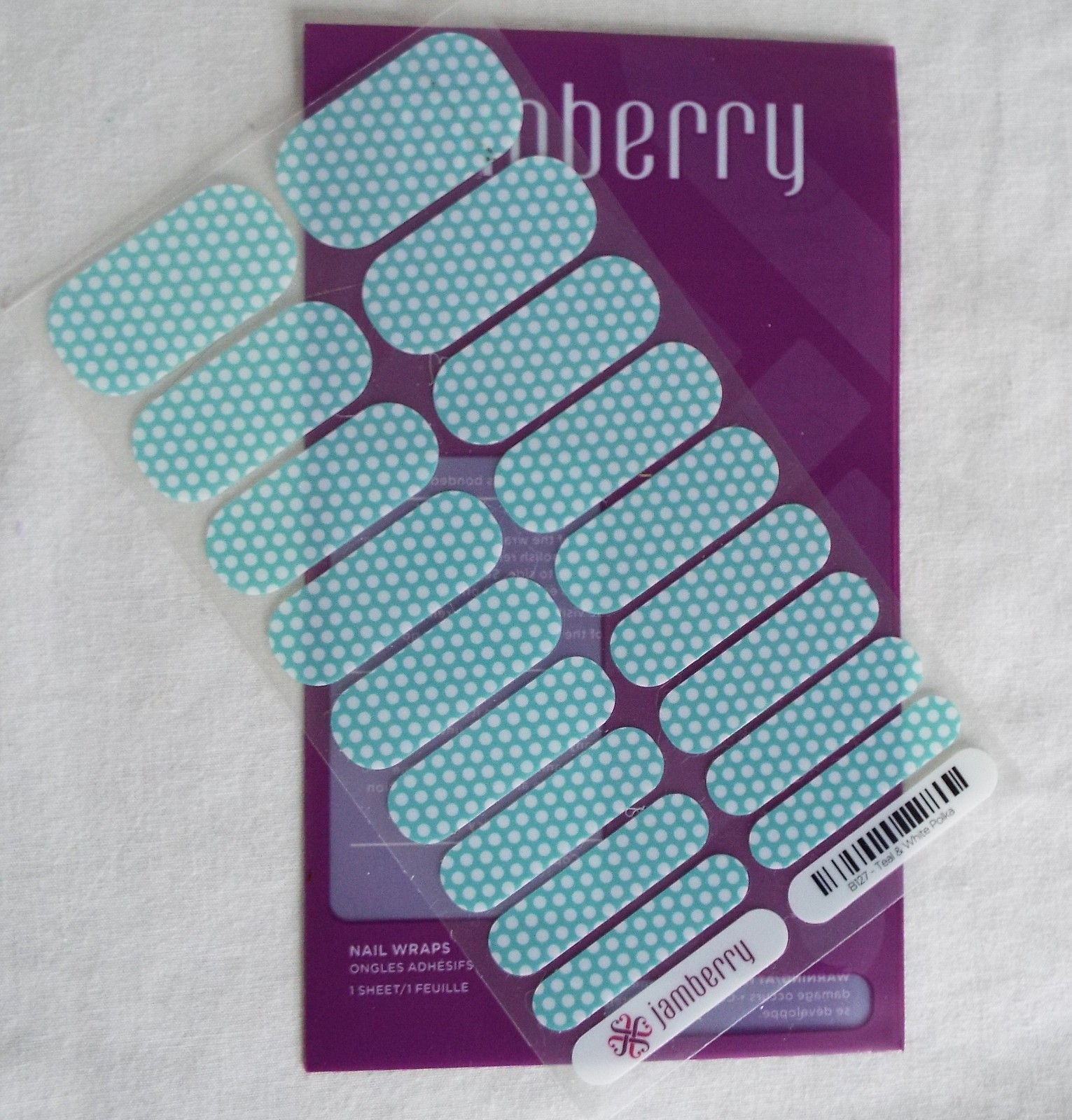 Jamberry Teal + White Polka Heat Activated Nail Wrap B127