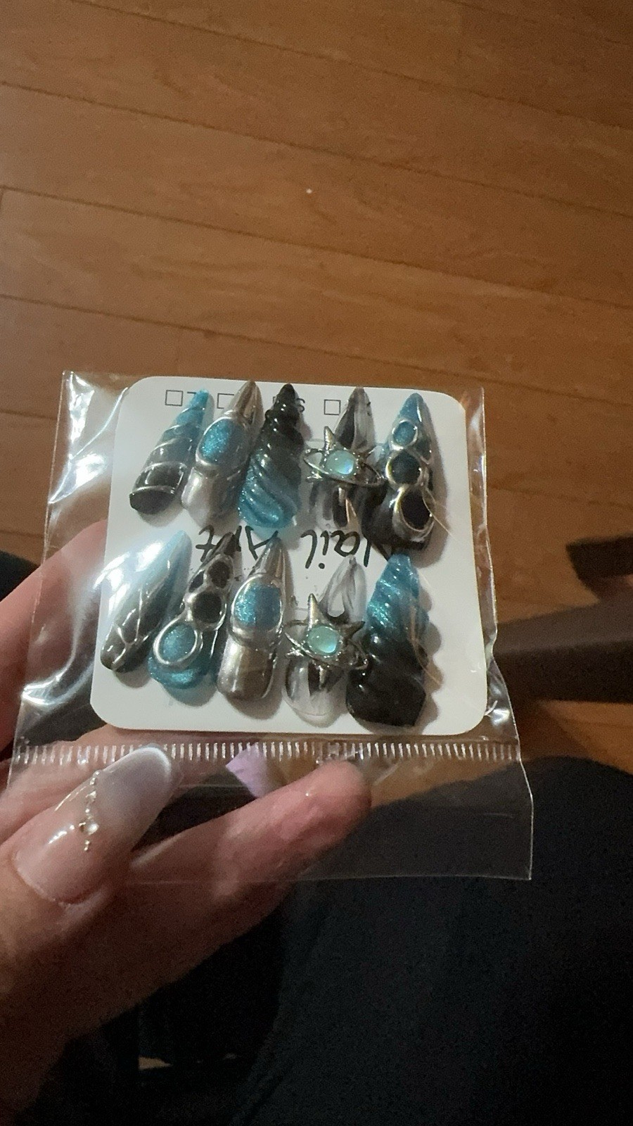 Artistic Stiletto False Nails | 3D Metal Details & Blue Sparkle | Unique Design