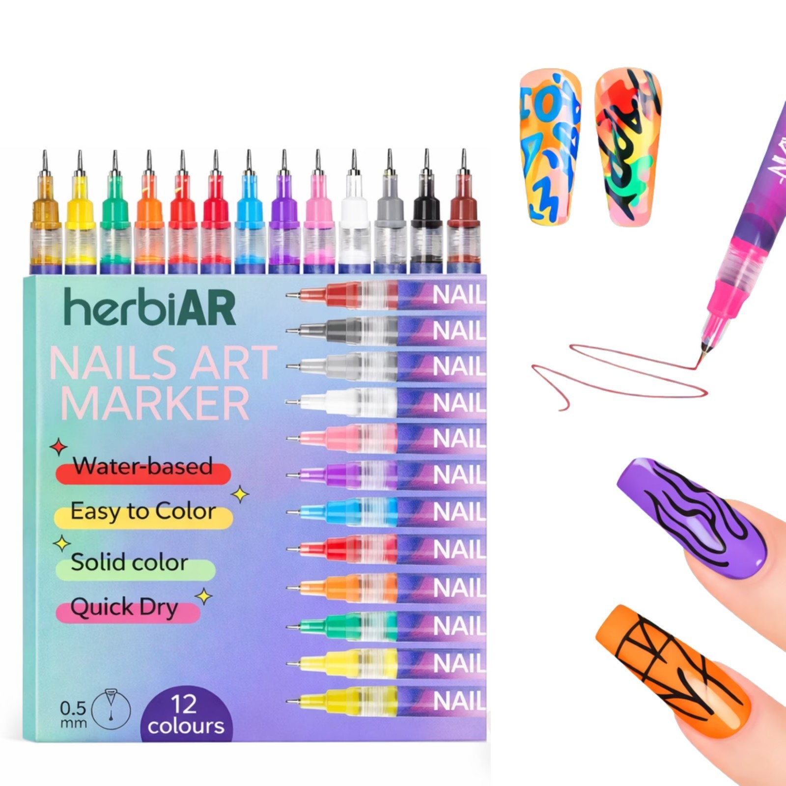 Herbiar 3D Nail Art Pen Set 12 Colors – 0.5mm Fine Tip, Waterproof DIY Manicure