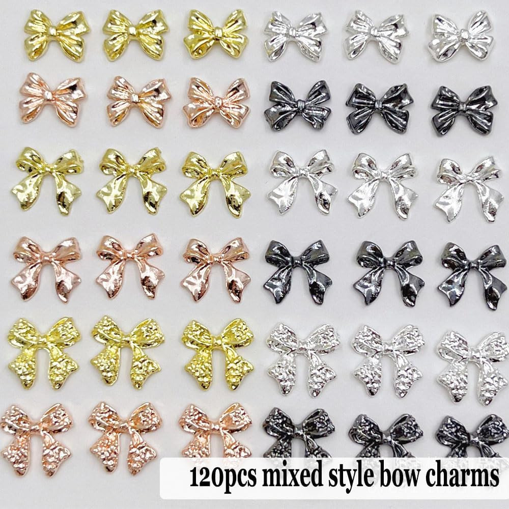 120 PCS Bow Nail Charms Silver Gold Black Rose Gold Bowknot Nail Art Charm 3D Al