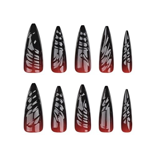 Press on Nails – Long Stiletto Glue on Nails with Goth Red 06102Red&Black