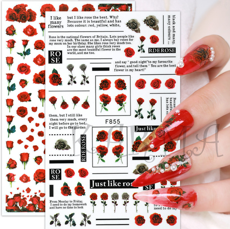3D Nail Stickers Decals Valentine Red Blue Pink Rose Flower Love Decoration NS3