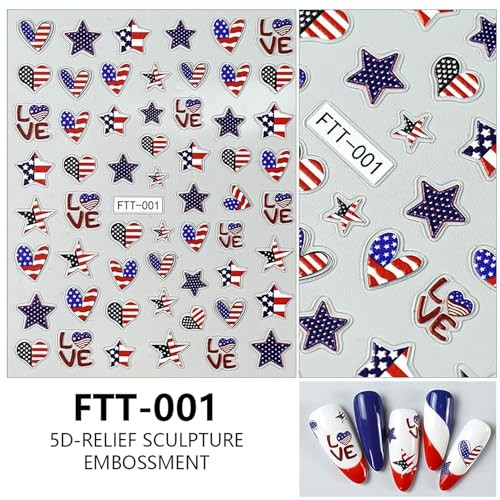 4th of July Nail Stickers 1Pcs Patriotic Designs Nail Art Stickers 5D Embossed