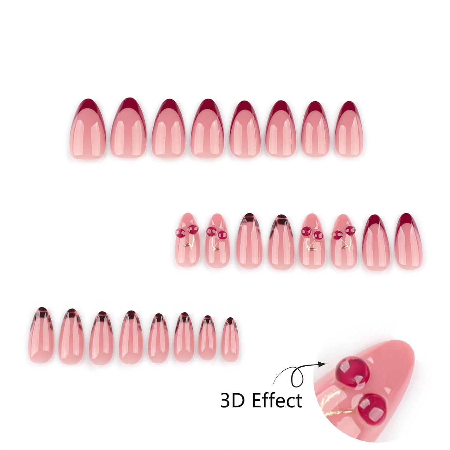Medium Press On Nails Almond – 3D Cherry Design with Gold Branch, Red French …