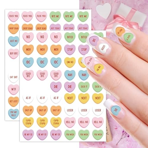 Valentine’s Day Mean Conversation Heart Nail Sticker – 8 Sheets Colorful