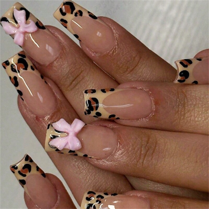 24x 3D Bows On Leopard Print False French Tip Press On