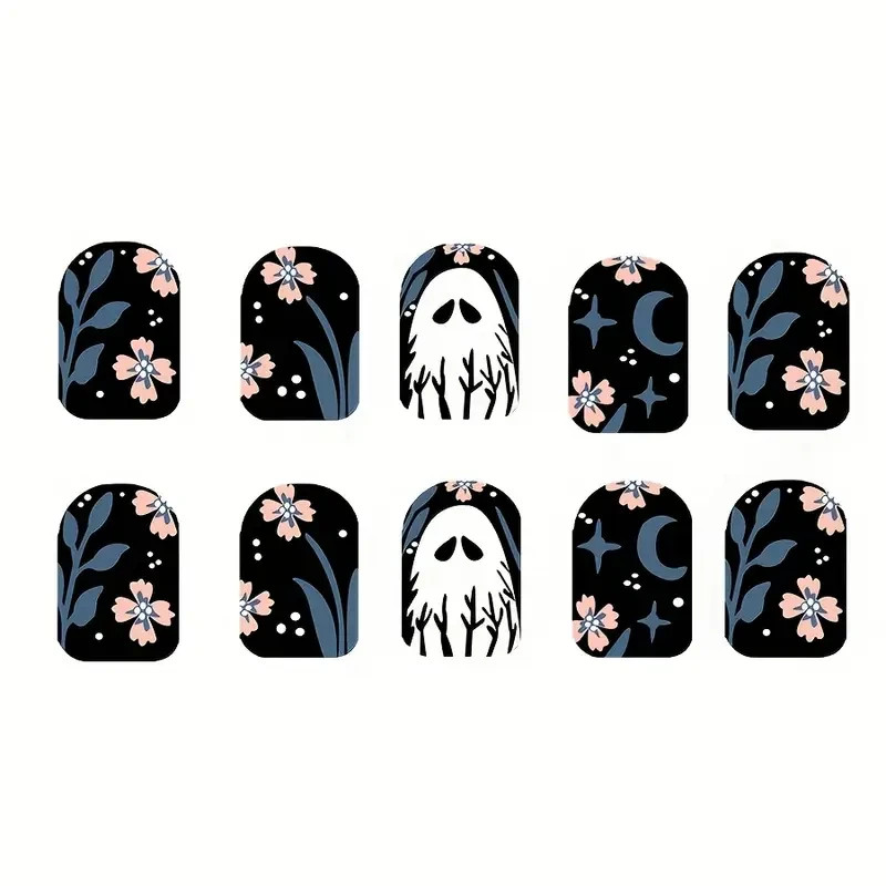 Square Acrylic Press-On Nails 24pcs | Short Set Floral Night Ghosts Design