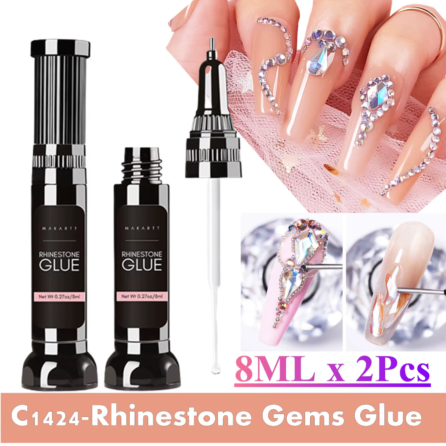 Nail Rhinestone Glue, Gel Nail Glue for Rhinestones for 3D Design Super Strong A