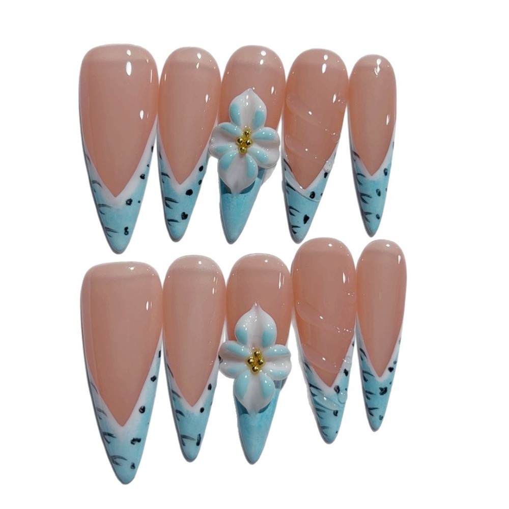 10Pcs Medium Almond Blush Nails Blue Pink 3D Carved Daily Nail Tips
