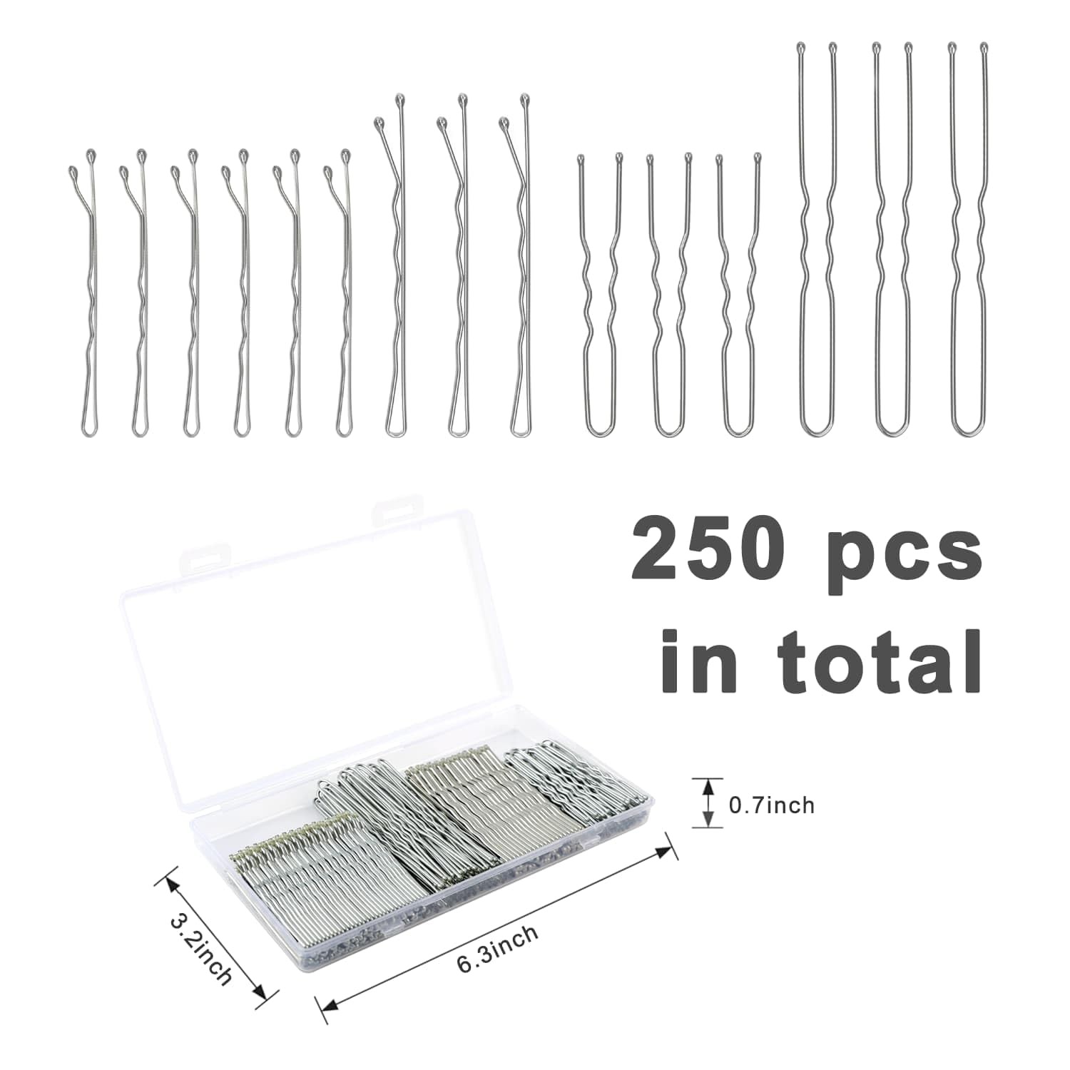 250 Pcs Hair Pins Silver Bobby for Gray White Hair, Wavy