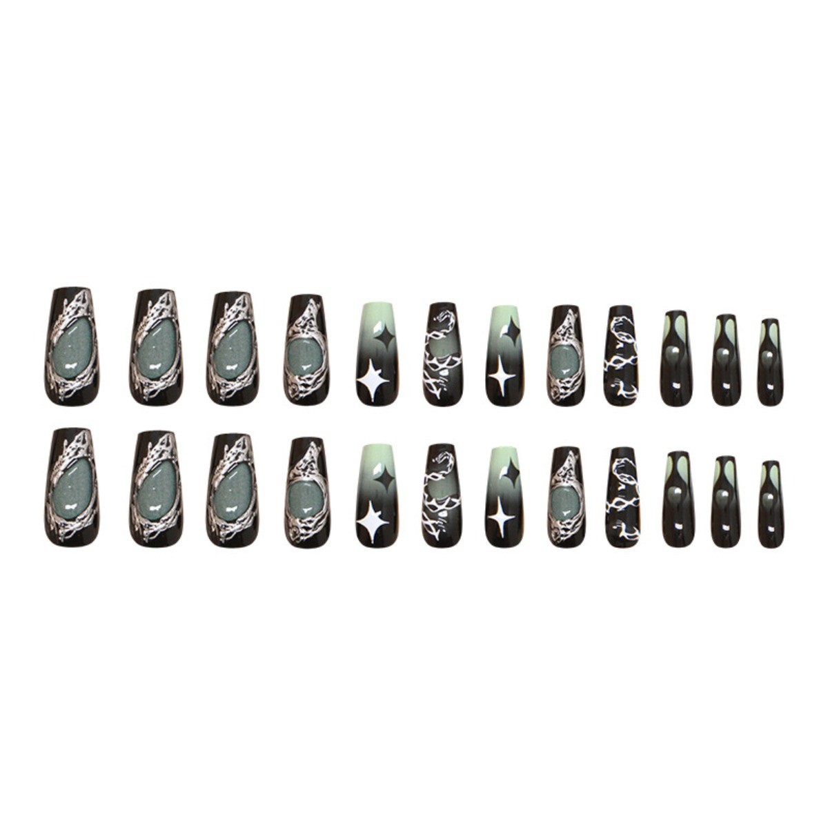 48p Long Taper Press on Nails, Black Green Gradient Silver Line Rhinestone Nails