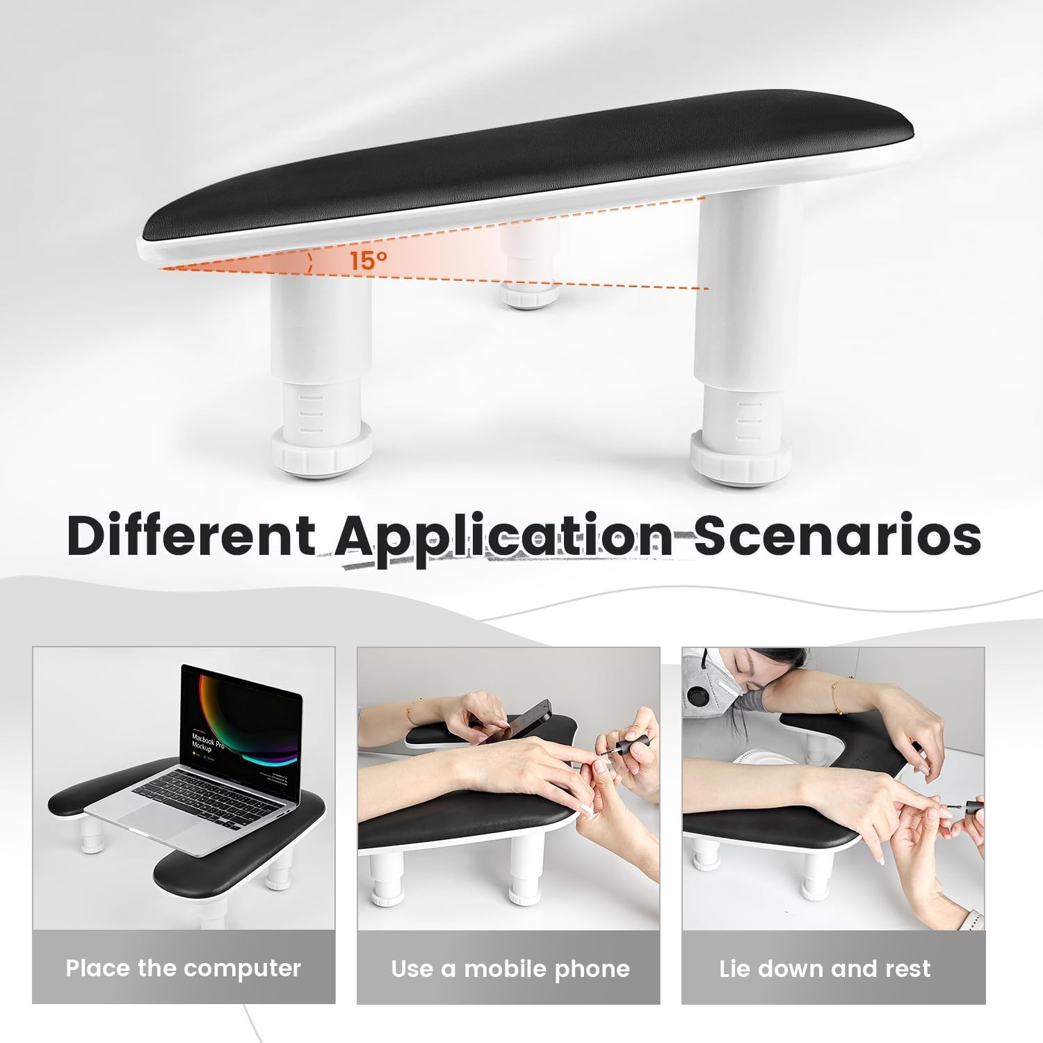 U-Shaped Black Arm Rest for Nail Techs, 360° Rotating Phone Holder, Adjustable D