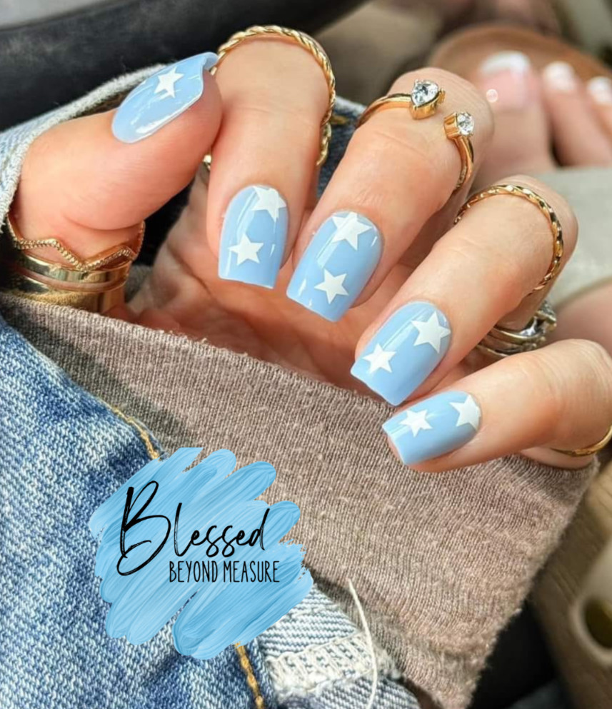 Red Aspen Press On Nails~ Presley the Patriot~Blue~Stars~Short~Nail -July 4th
