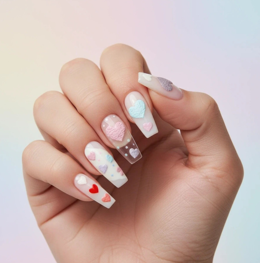 Multicolor Heart Nail Stickers – Red, Pink, Blue & Purple Designs (48)
