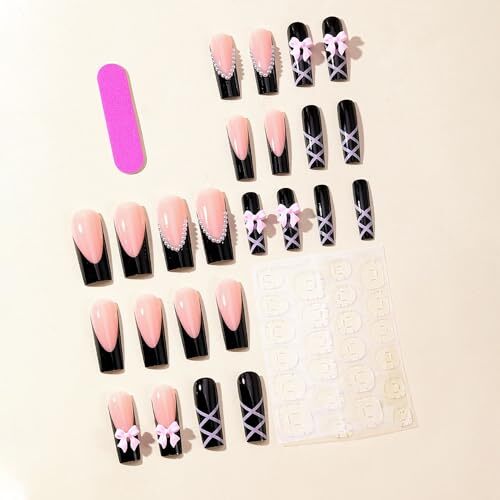 Press on Nails Coffin Long Black Glossy Full Cover Black and Pink Bow Line