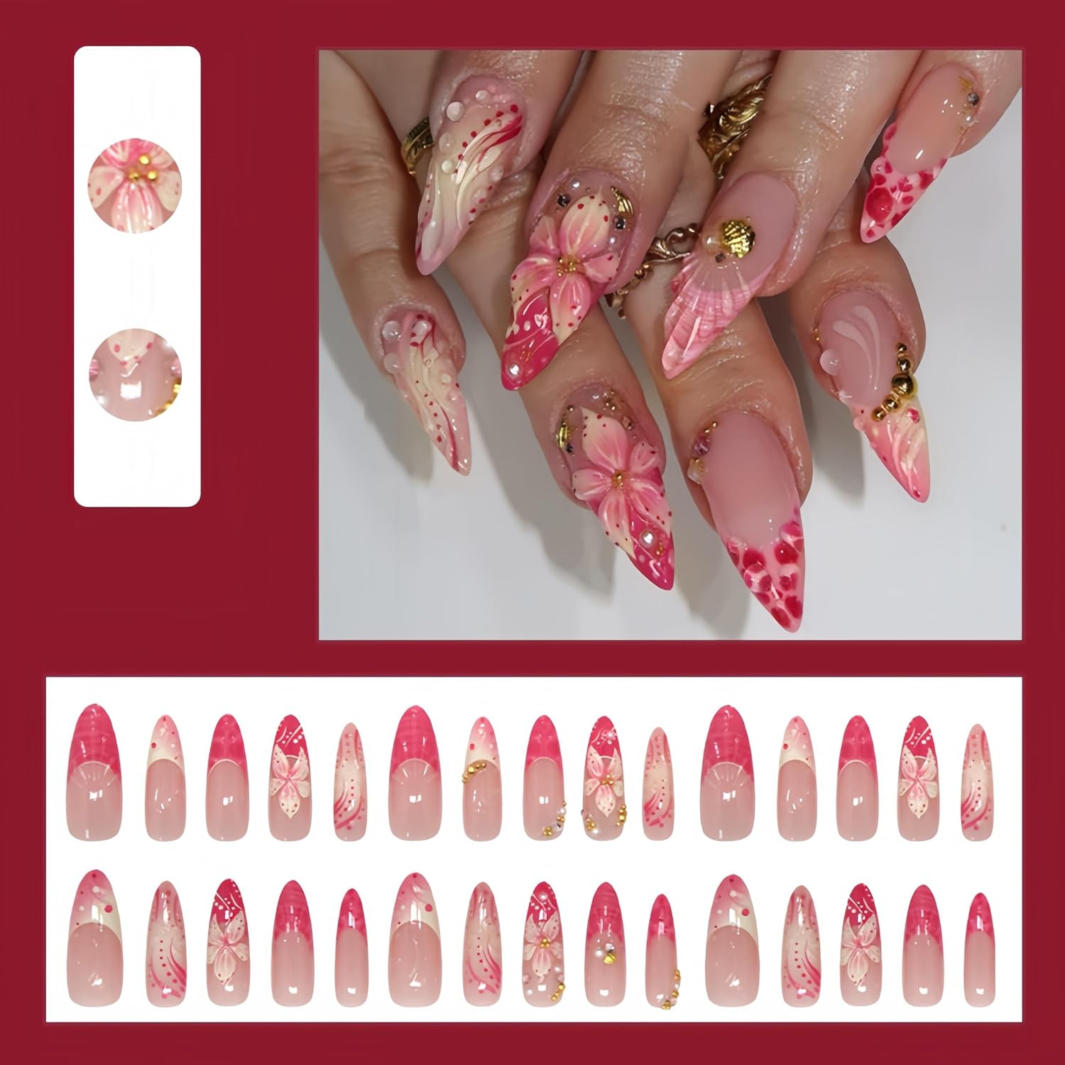24Pcs Pink Flower Press on Nails Long Almond French Tip Fake Nails with 3D Gold