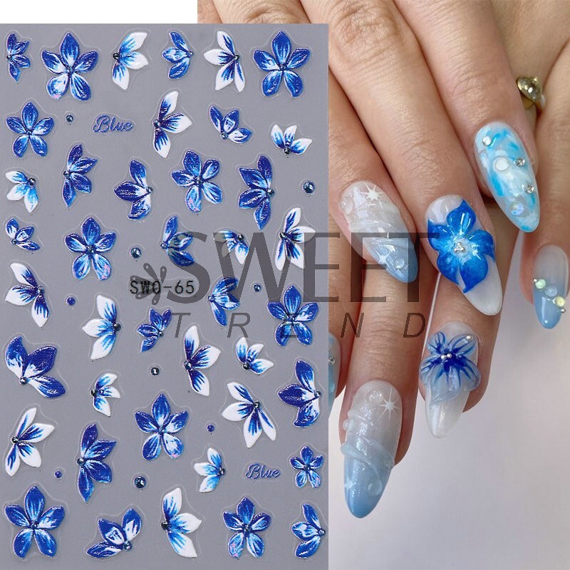 Blue Lace Floral Flowers Nail Art Stickers Embossed Decals DIY Nail Design NS52
