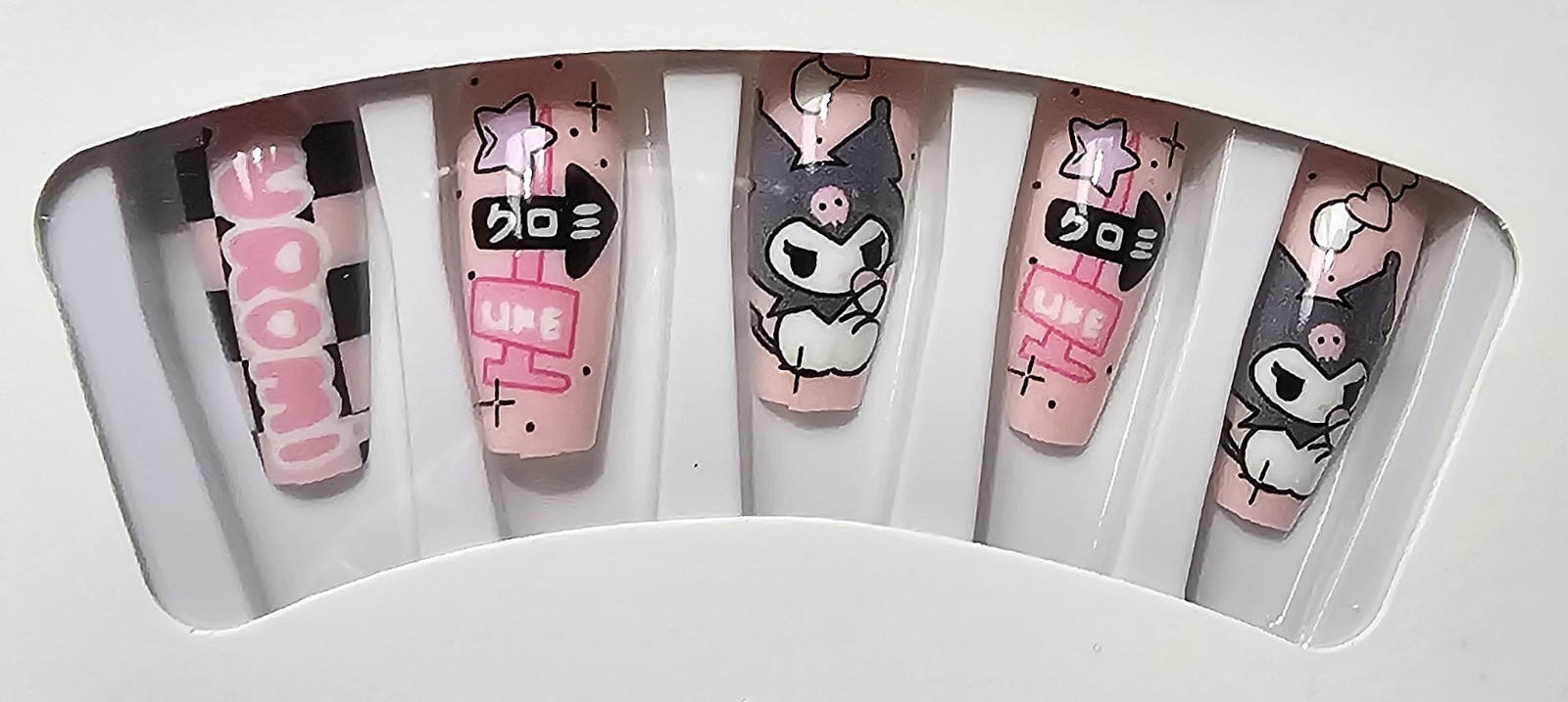Press-On Nails SANRIO Black, Pink, & Lavender Kuromi & Melody Coffin Long Shiny