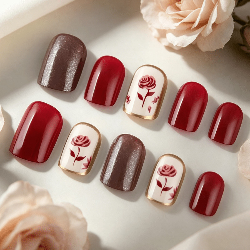 48 Pcs Wine Red Rose Short Square Press on Nails, Vintage Elegant Fake Nails