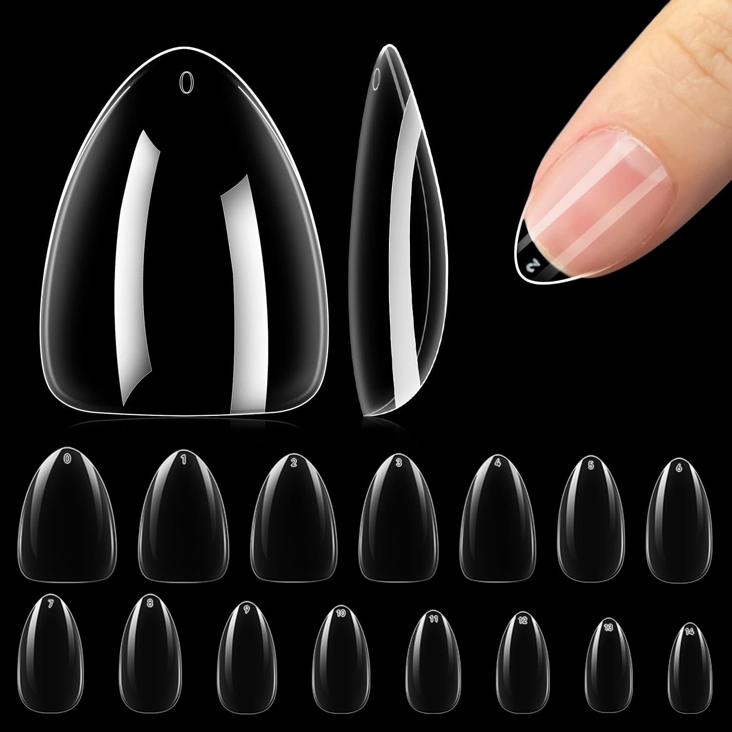 360pcs Short Almond Gel Nail Tips – Clear Press-On Nails, 15 Sizes, DIY Salon Qu