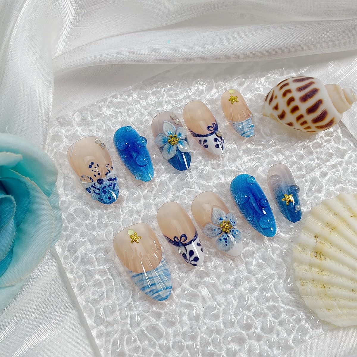 BMKKOT Blue Flower Starfish Almond Press On Nails