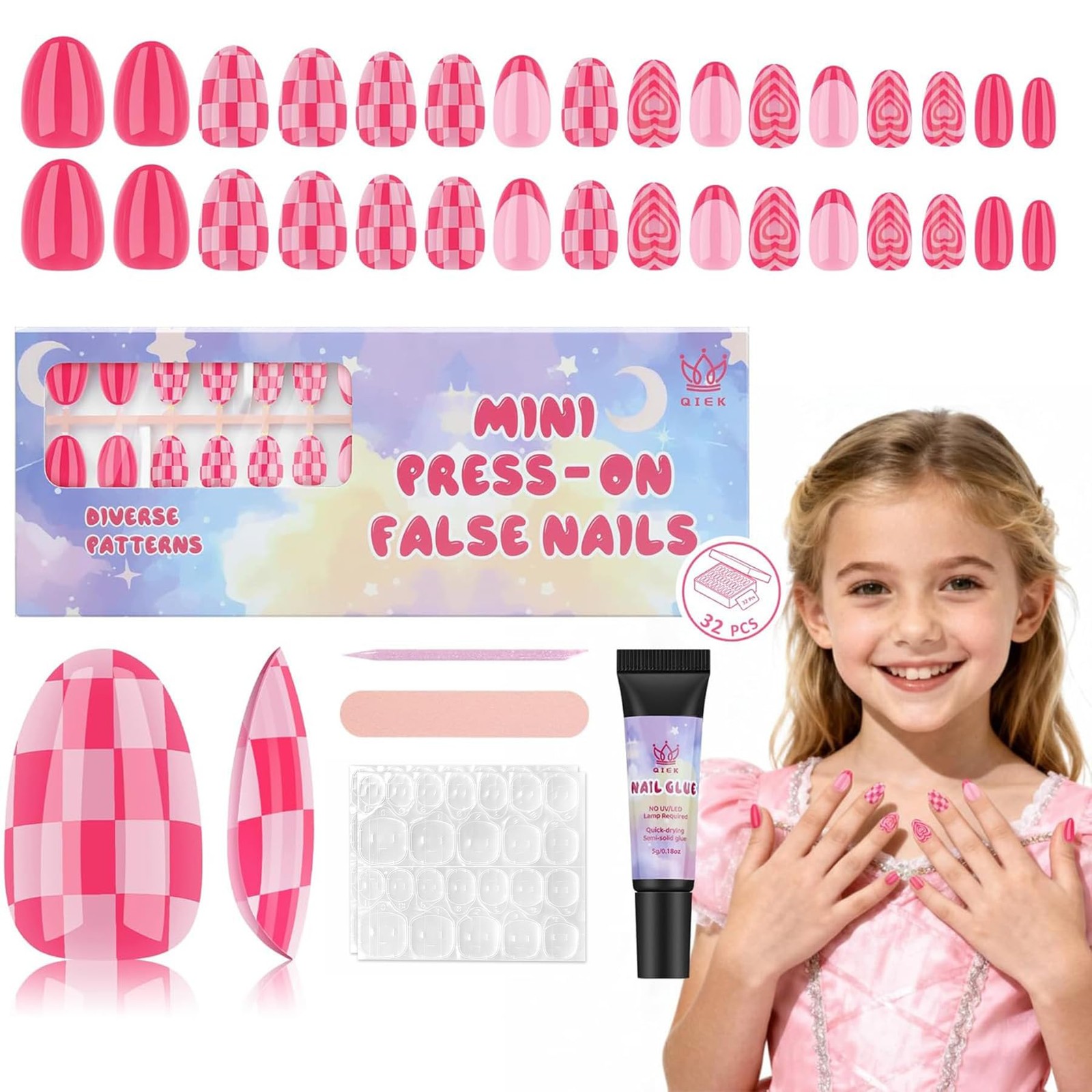 QIEK Rose Pink Grid Kids Press On Nails 1 Pack