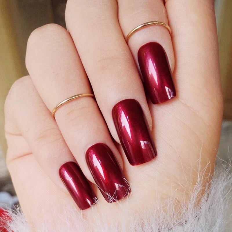 24 maroon Medium Square Press on nails glue on kit wine burgundy satin