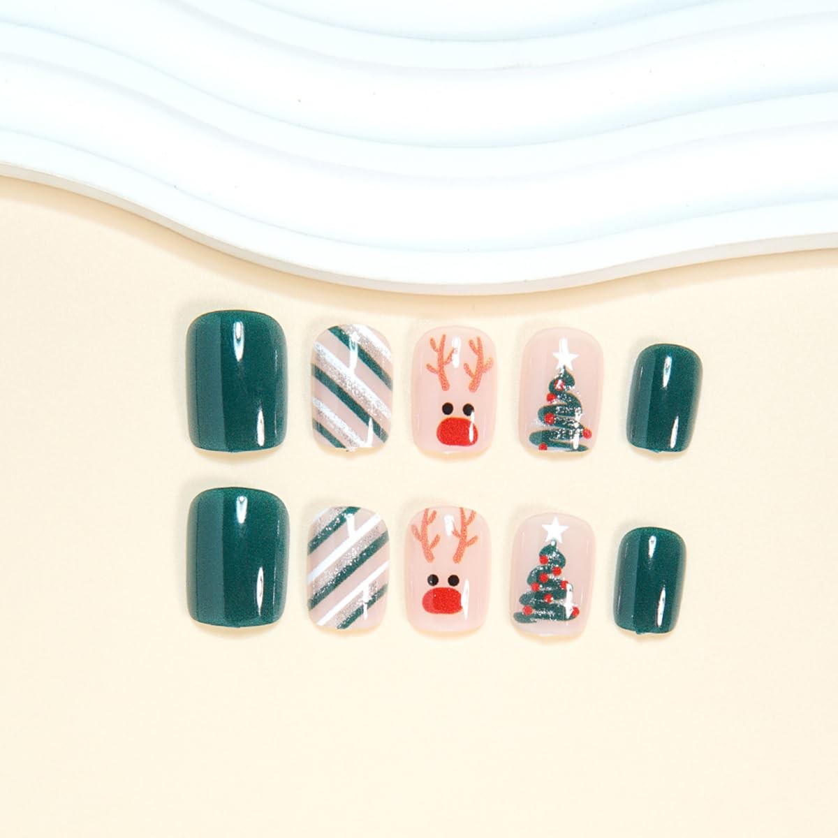 24Pcs Christmas Press on Nails Extra Short Square Green False Nails Nude Fake…