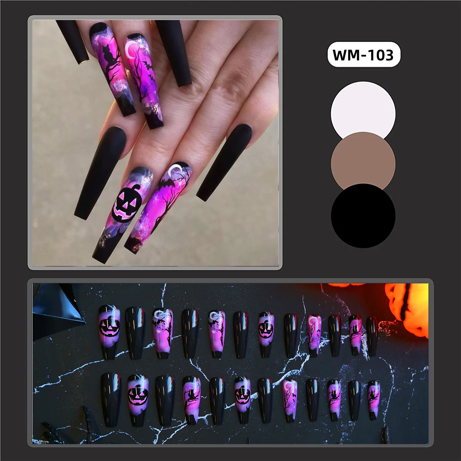 24pcs White Bones Long Pointed Patches Halloween Ghost Spider Press on Nails