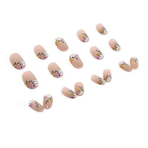 Flower Press on Nails Oval Shapes, Full Cover Acrylic Oval Short Flower W164