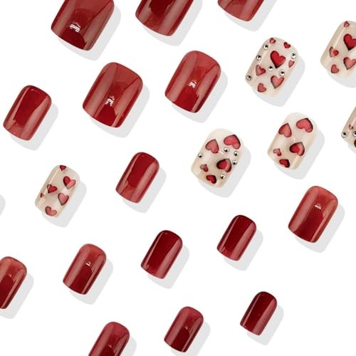 24pcs Heart Press on Nails Short Square Valentines Fake Nails Glitter style12