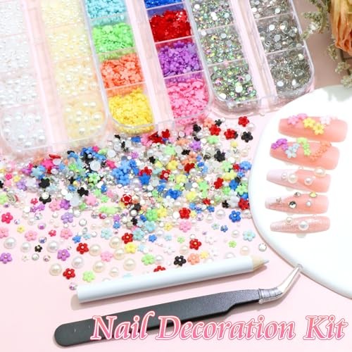 Colorful Flower Nail Charms White&Beige Flatback Pearls for Nails Multicolor