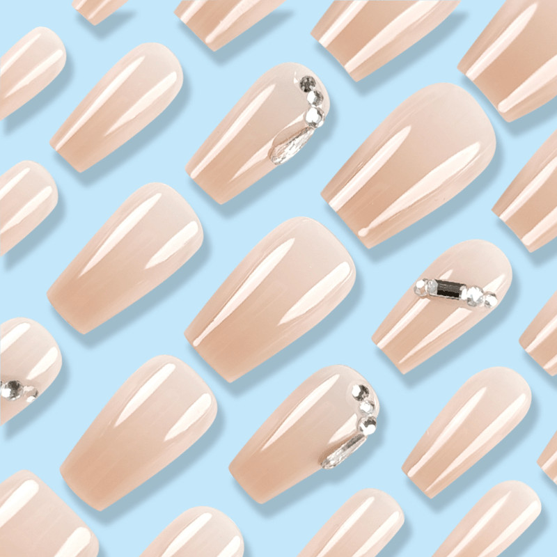 48P-Press on Nails Minimalist Nude Diamond Glossy Short Square Nail Set Reusable