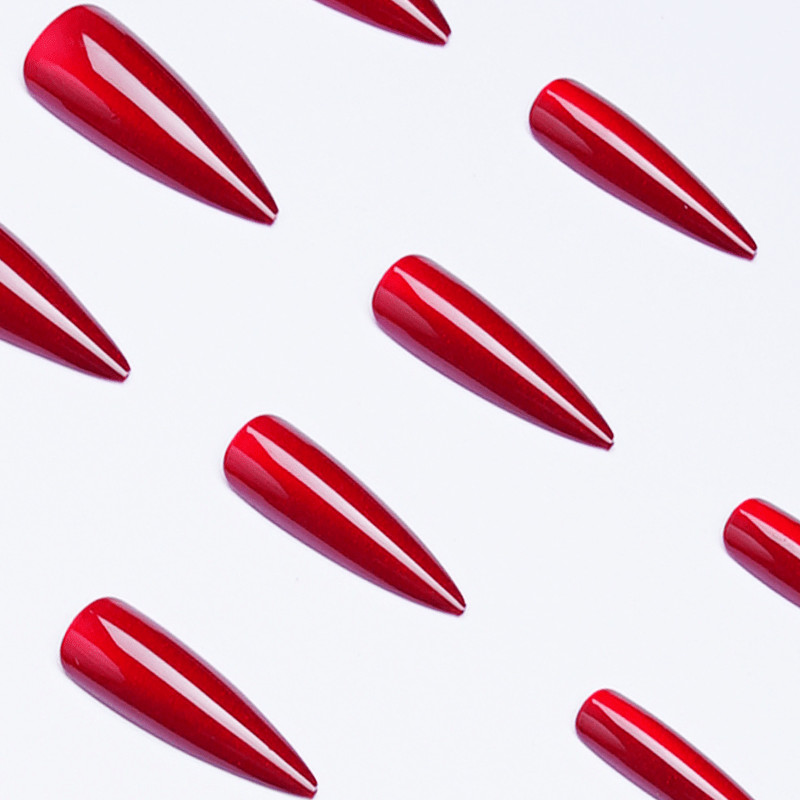 48 Pcs Red Metallic Press on Nails, Stiletto Glossy Shiny Fake Nails for Women