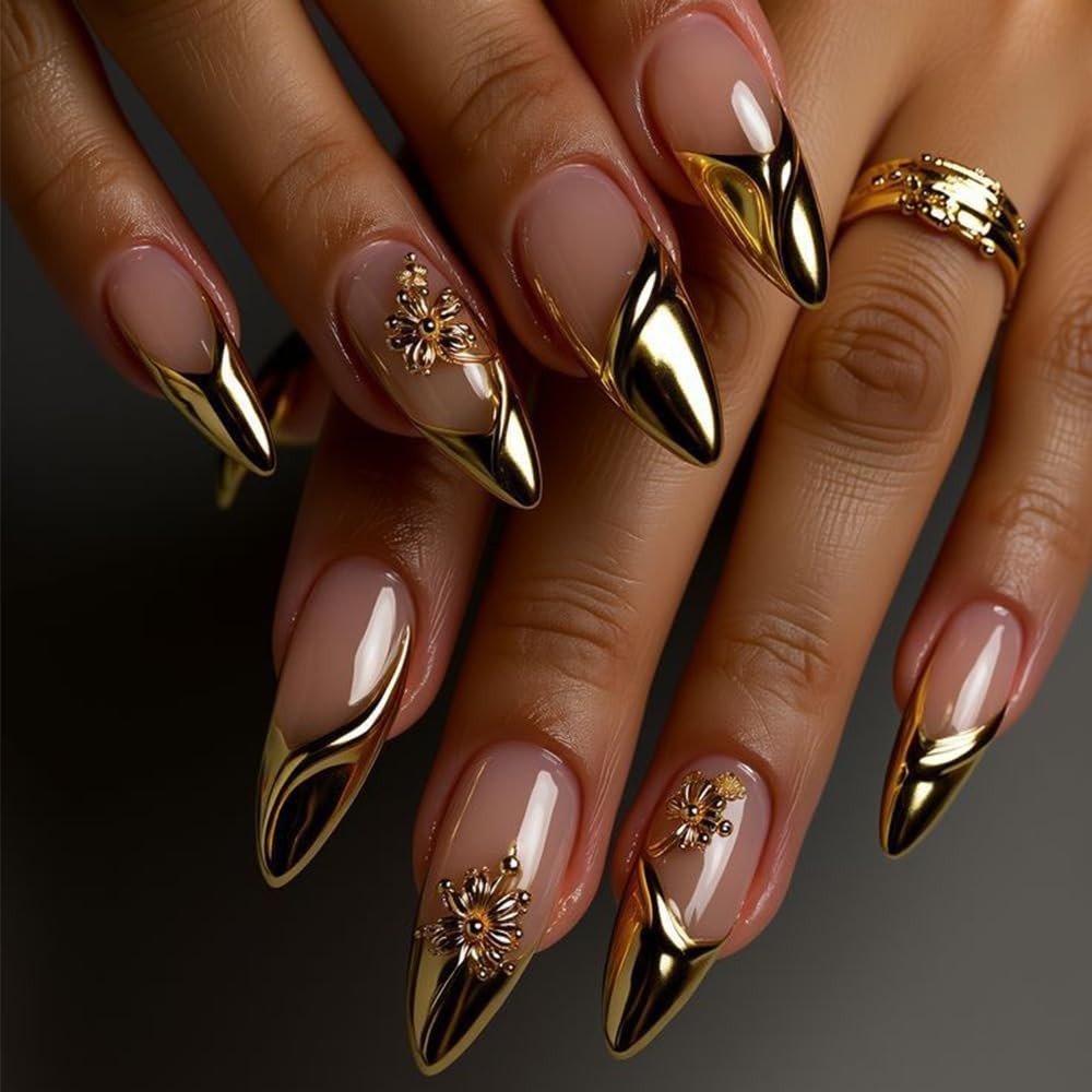 Gold French Tip Press on Nails Medium Almond Fake Almond, Style 1