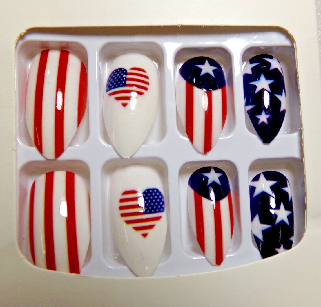 4th of July Nails Shiny American Flag Red White & Blue GLUE ON long