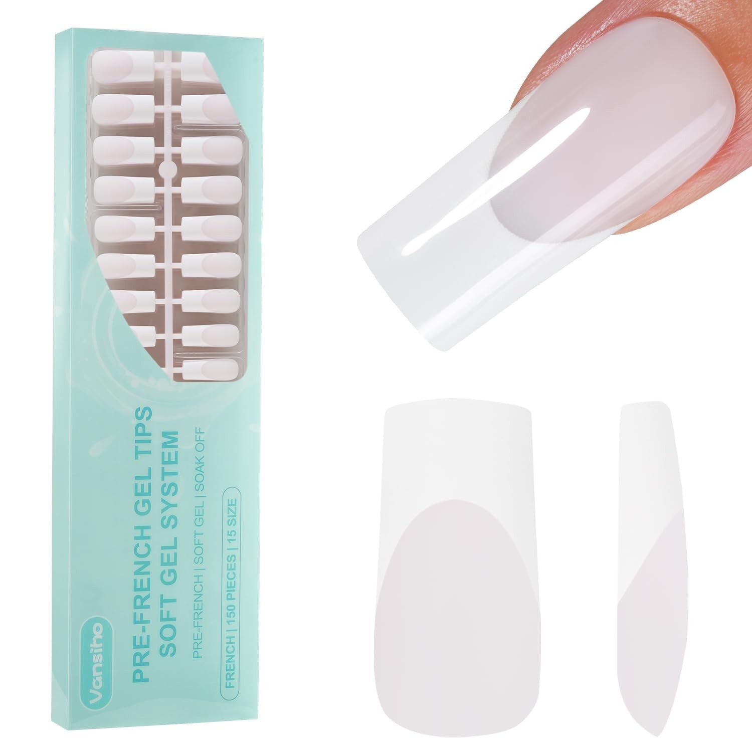 150PCS Milky White French Gel Nails – Long Square Soft Tips, No Primer Needed!
