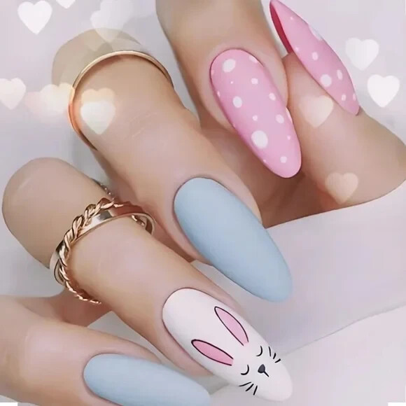 Easter 24pcs/set Rabbit Pattern Frosted Long Almond Nails NWT
