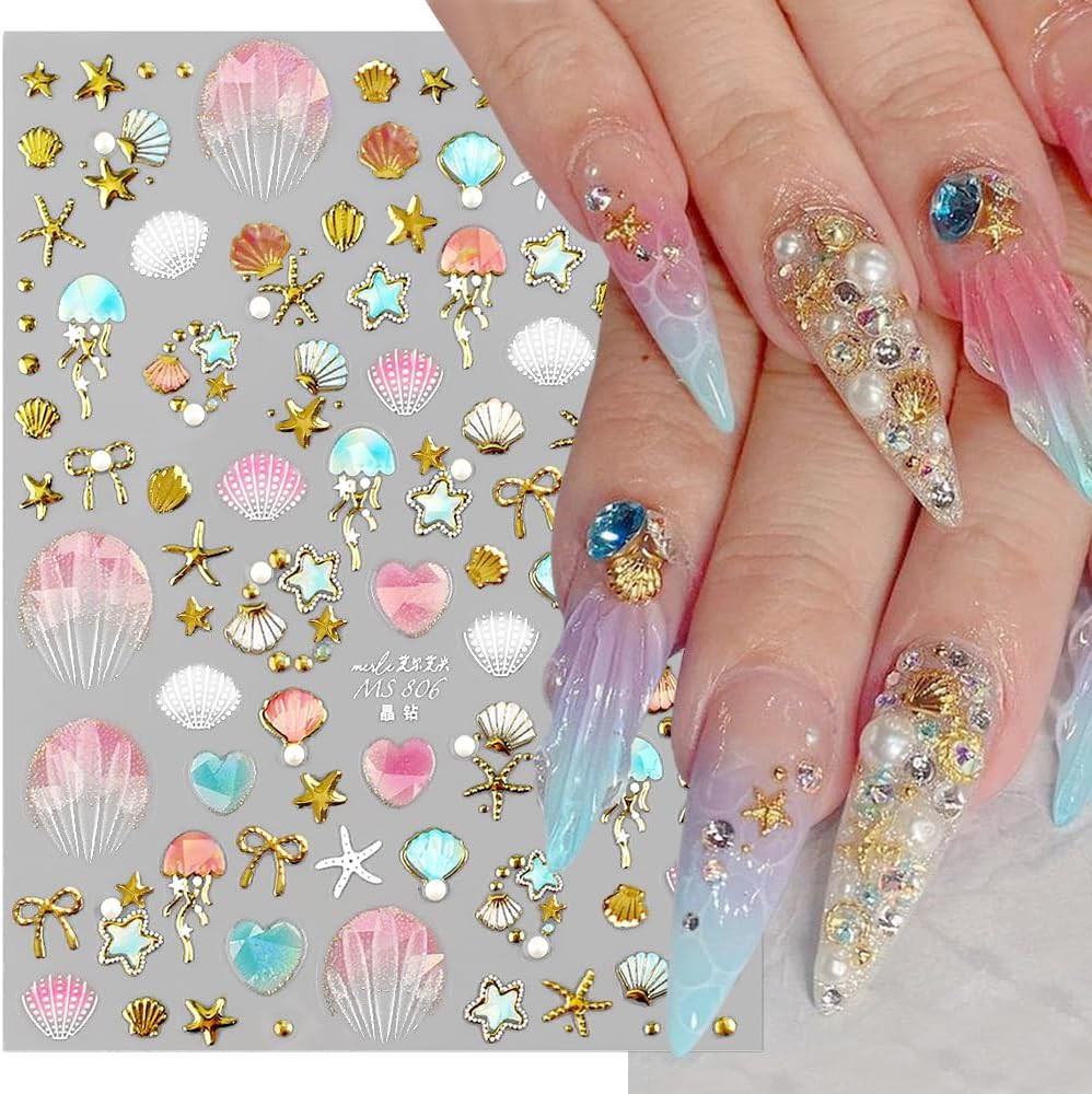 Shiny Golden Jellyfish Starfish Seashell Sea Beach Summer Nail Stickers Cute Bow