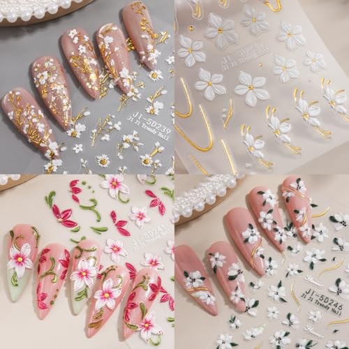 5D Embossed Flowers Nail Art Stickers, 5PCS Self-Adhesive White Colorful-06