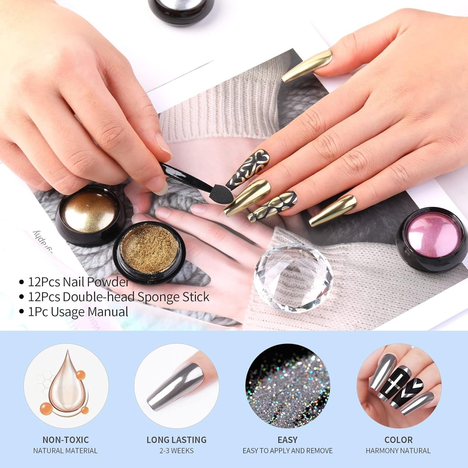Mirror Chrome Nail Powder Set 12 Colors Metallic Mirror Effect Nail Powder Ho…