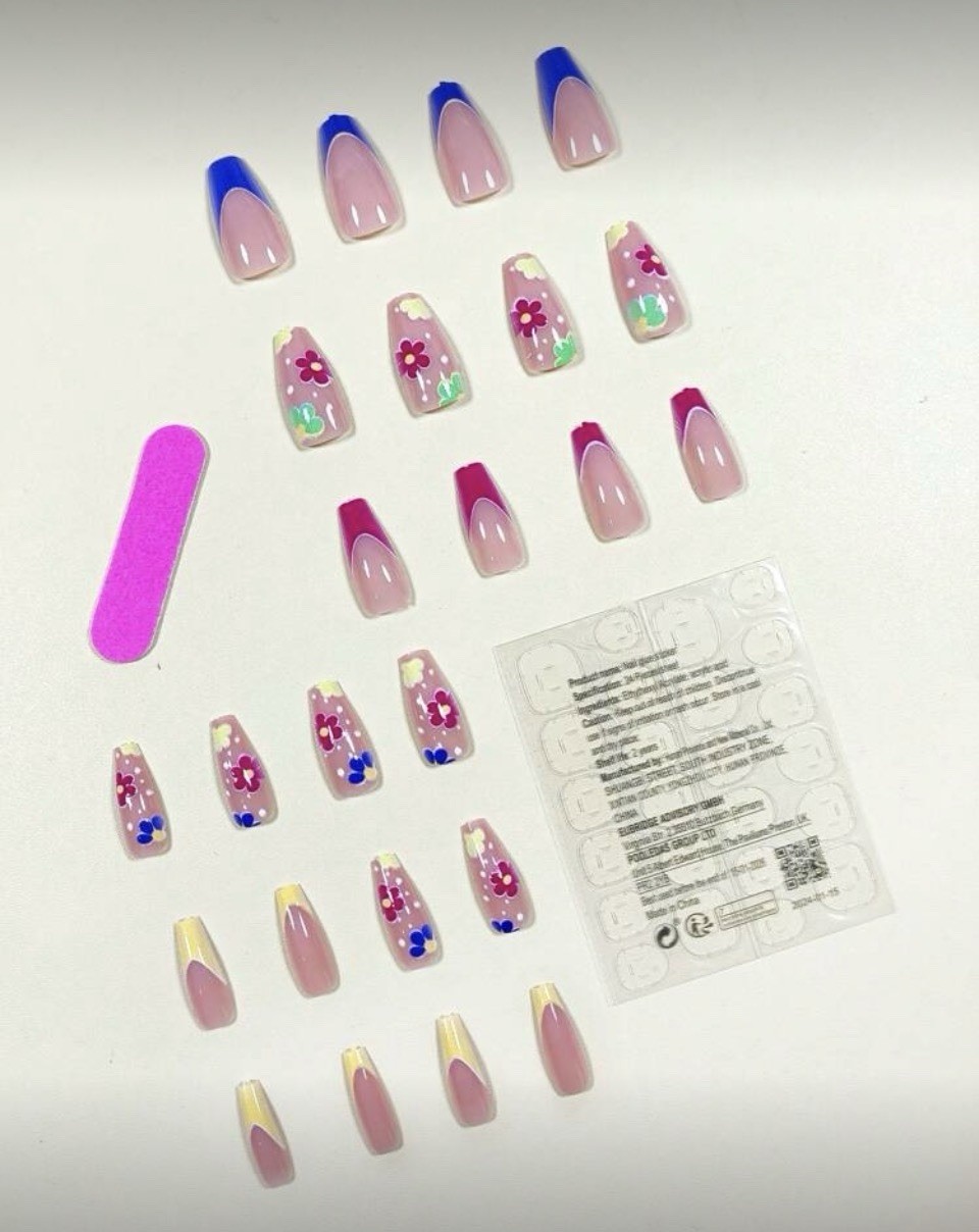 24 Press-On Nail Kit | Neon French Tips Pink, Yellow, Blue, Orange Coffin Nails
