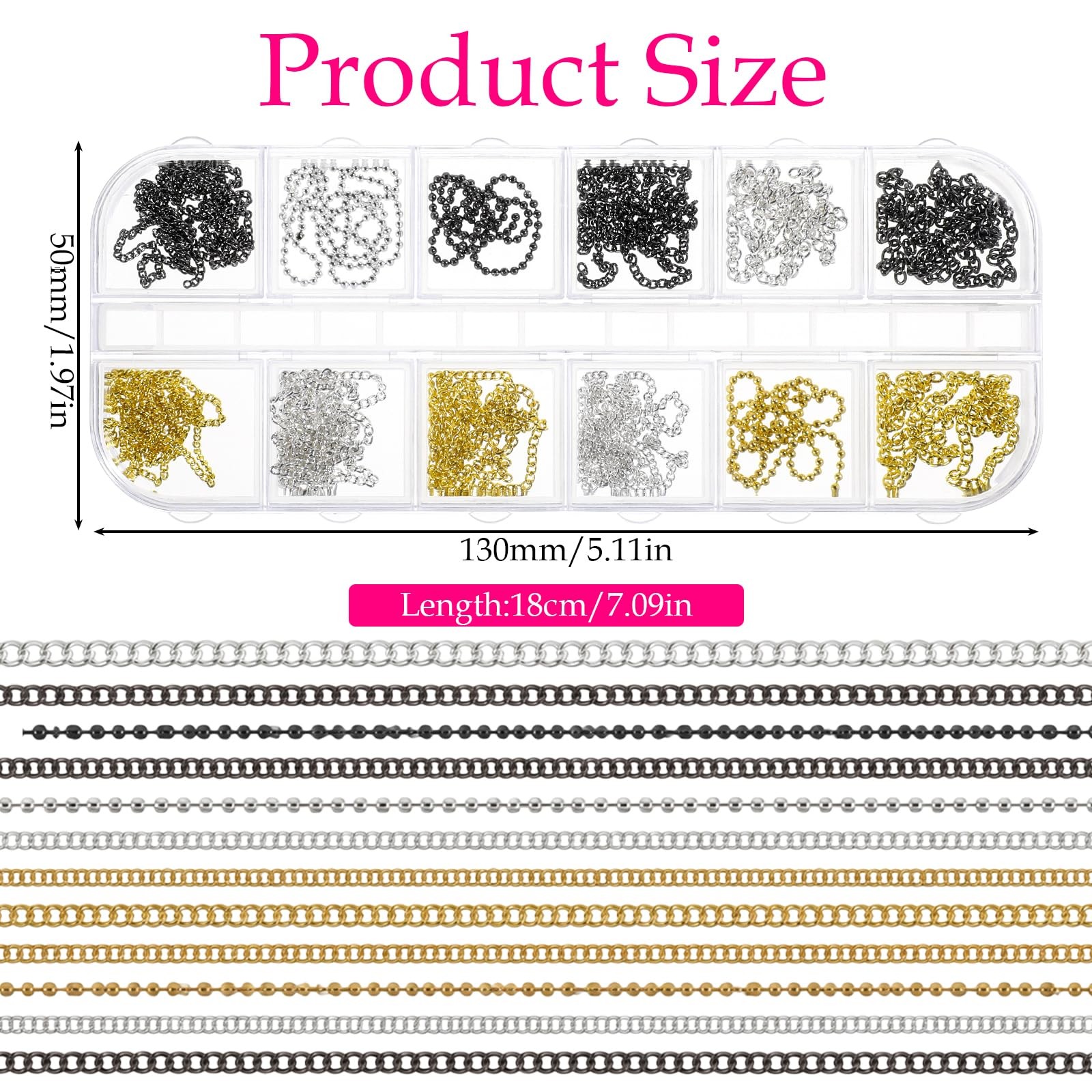 12 Strips Metal Nail Chains for Nail Art, 3D Gold Silver Black Chain Nails Ch…