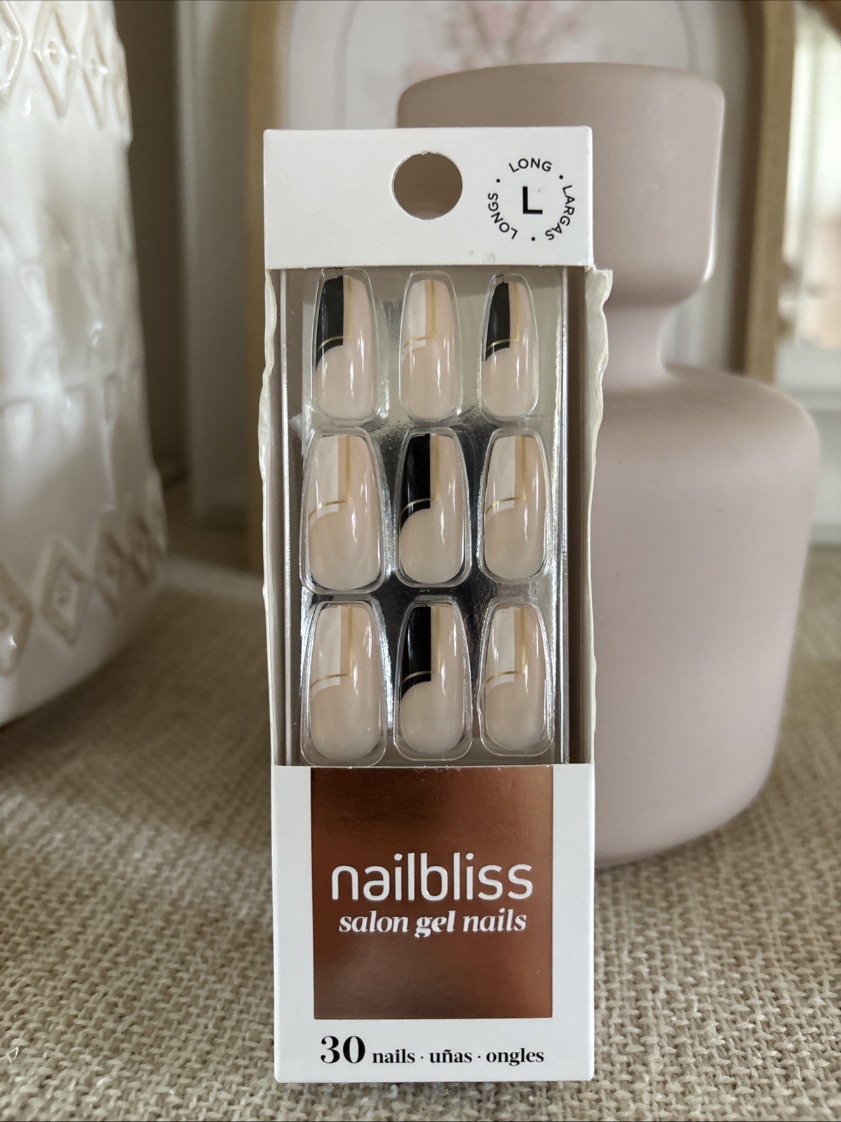 Nailbliss Salon Gel Nails Long Glue On Fake Nails Golden Age Nude Black White