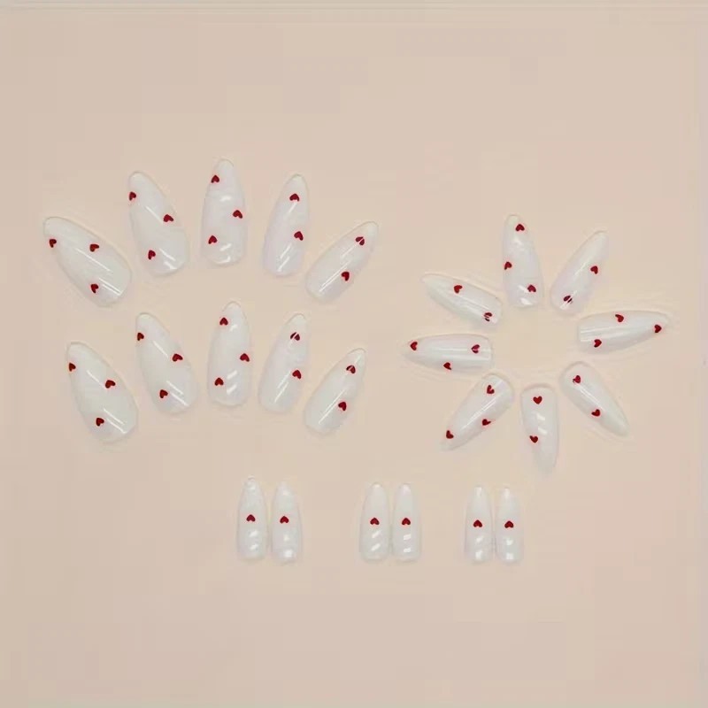 Trendy Red Hearts Cream Colored Reusable Press-On Nails Medium Length 24 Pieces