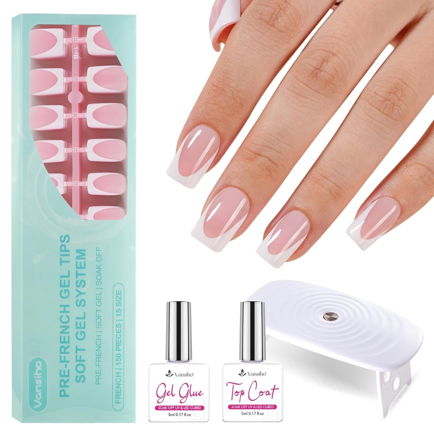 Gel Nail Kit – Pink Deep Short Squre French Tip Press on Nails Kit with Nail Gel