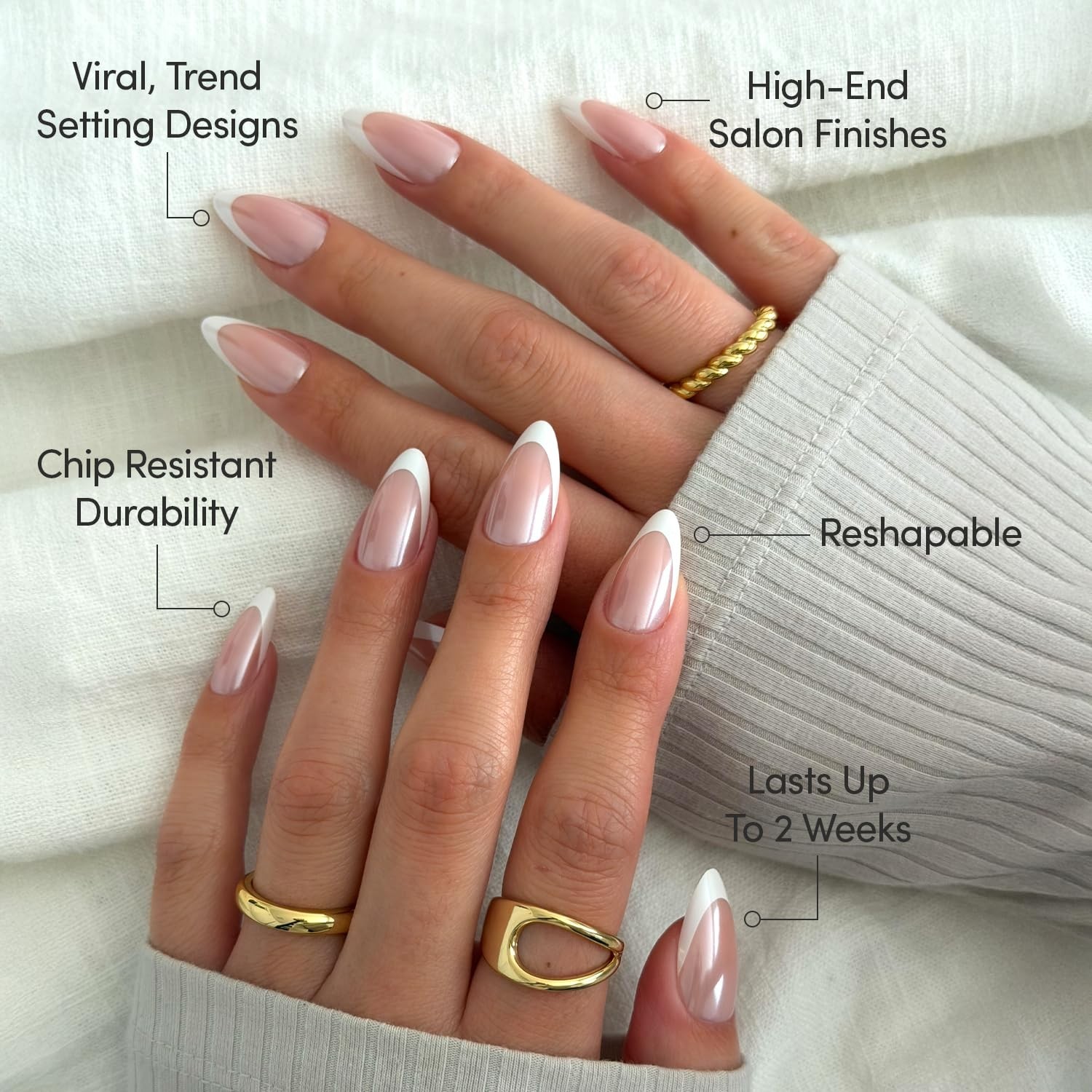 Salon Quality French Tip Press-On Nails – 30 Count Mother Pearl Almond Style