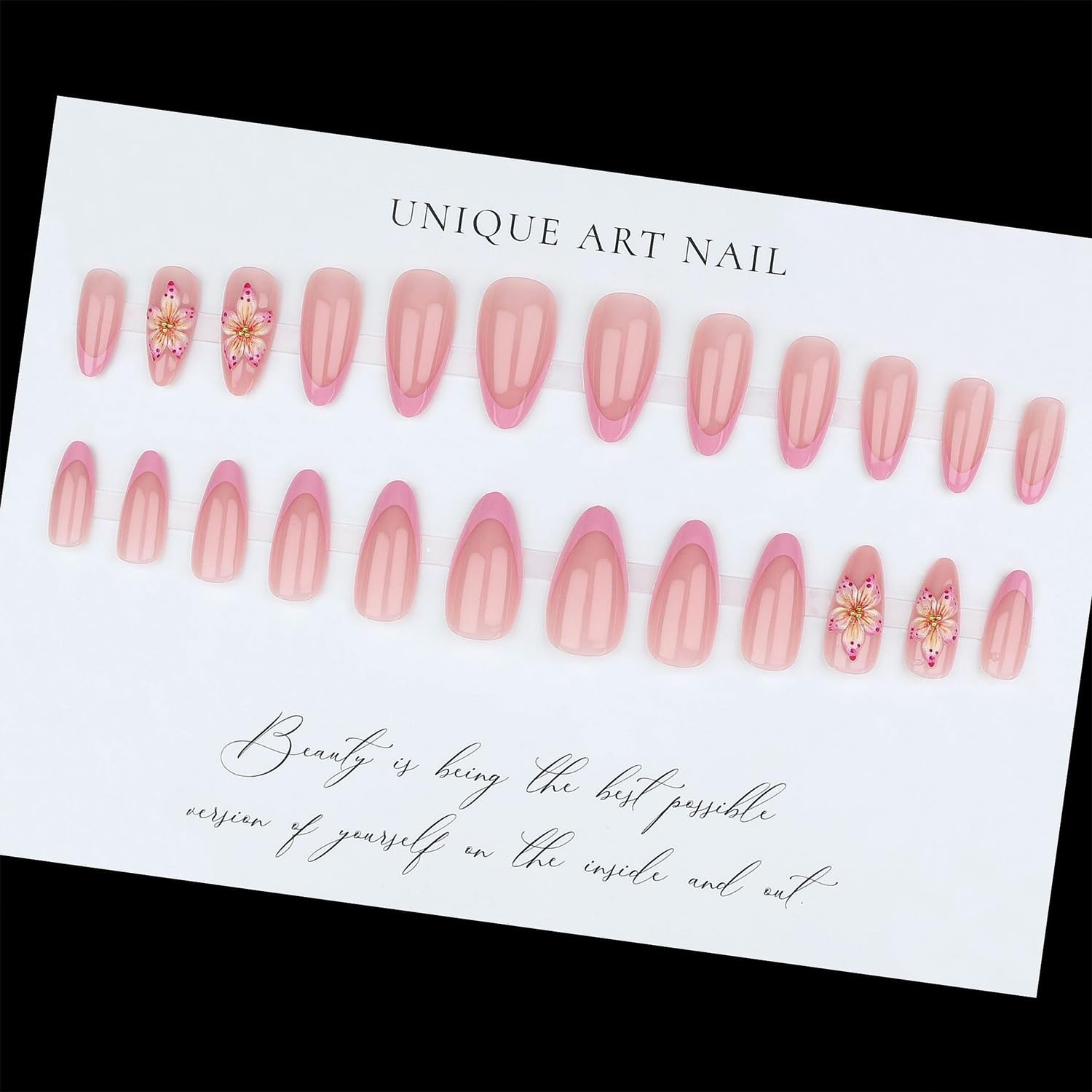 Pink French Tip Press On Nails Medium Almond Fake Nails With 3D Flower Design…